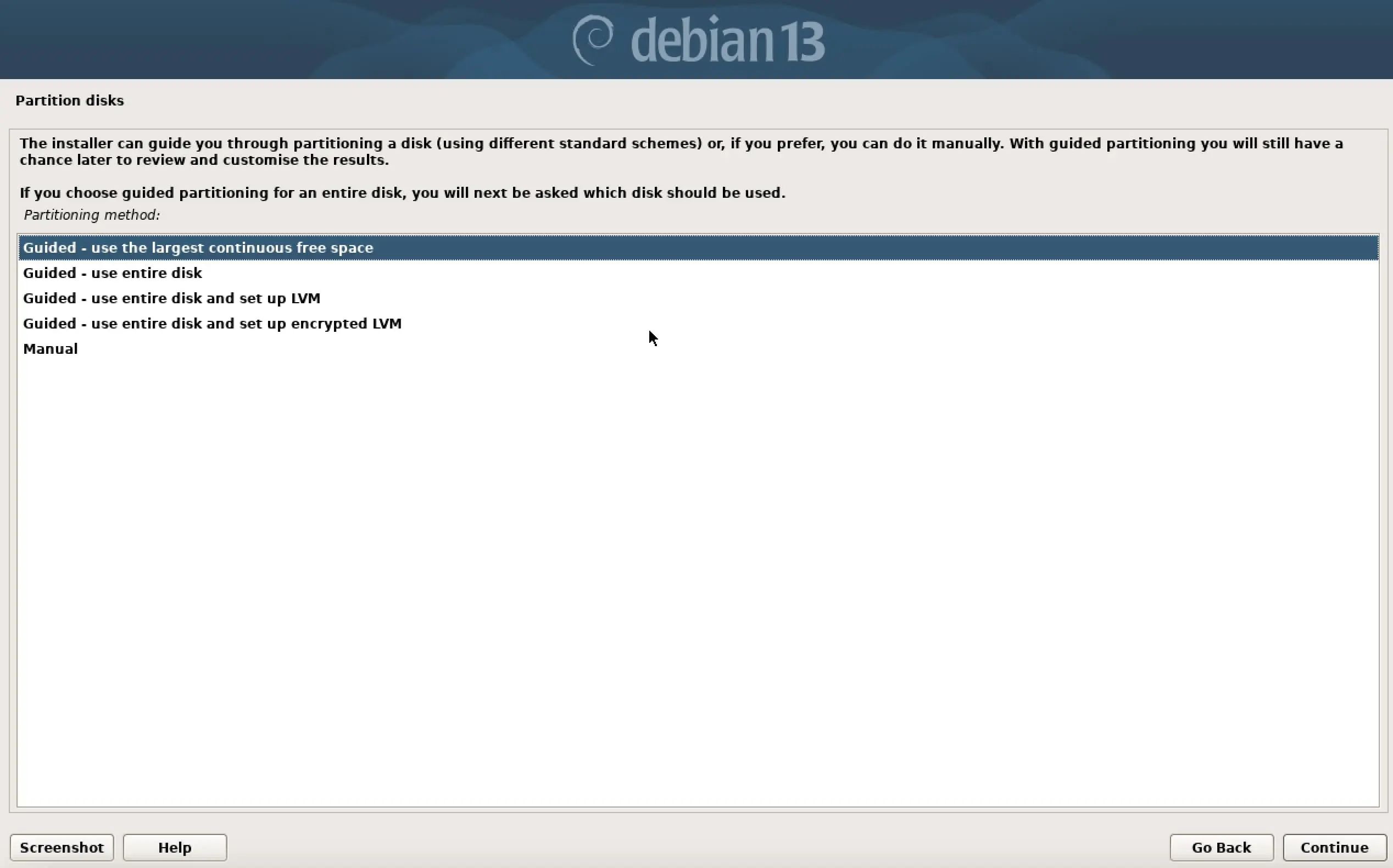 Immagine: Screenshot dell&rsquo;installazione di Debian 13: metodo di partizionamento