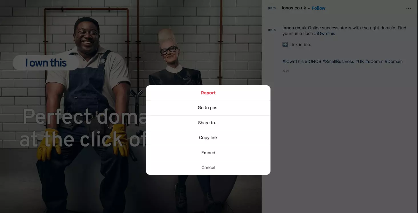 Immagine: Schermata di una finestra di condivisione su Instagram