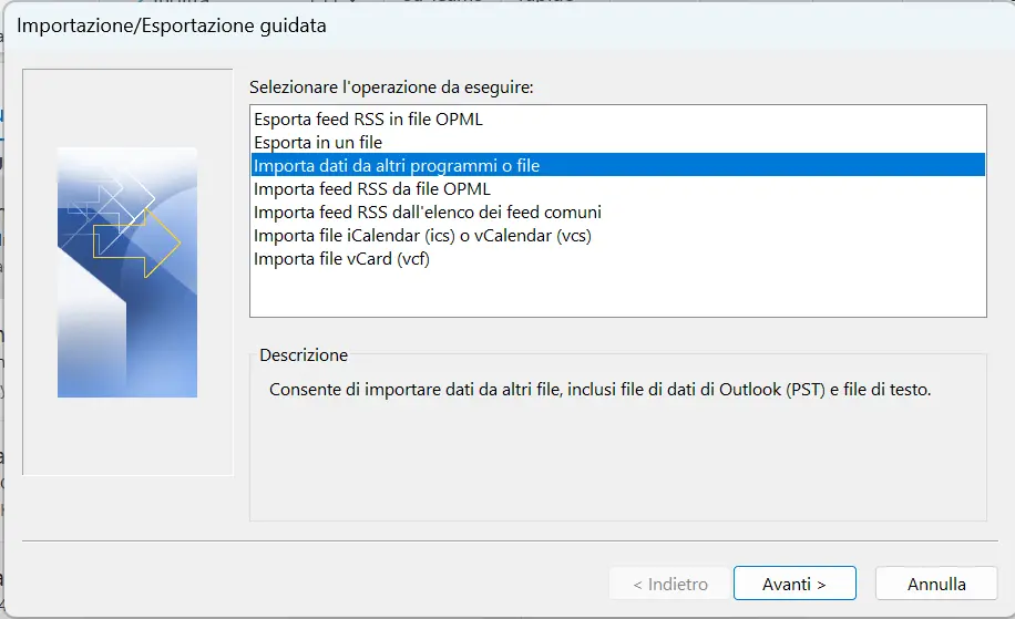 Immagine: Menu iniziale della procedura guidata di importazione/esportazione in Outlook 365