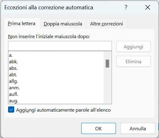 Outlook per Windows: eccezioni per la correzione automatica Immagine: Outlook per Windows: eccezioni per la correzione automatica