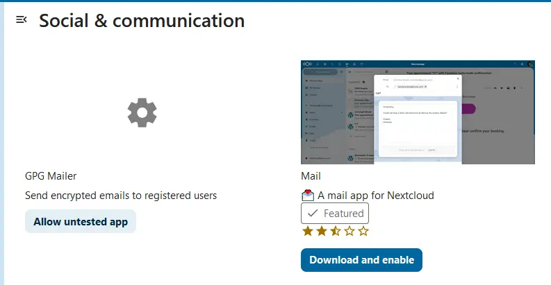 “Mail” nell’app store di Nextcloud Immagine: “Mail” nell’app store di Nextcloud