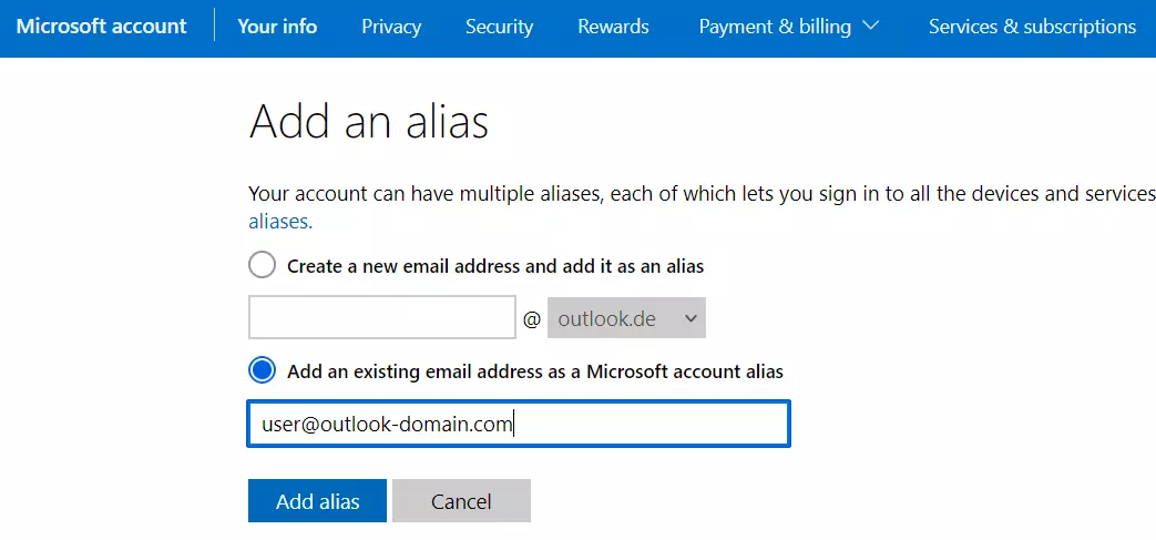 Immagine: Aggiunta di un alias e-mail su Outlook
