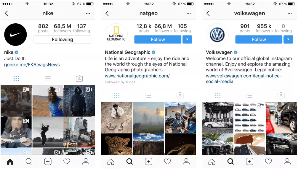 Immagine: Profilo aziendale ufficiale di National Geographic, di Nike e di Volkswageb su Instagram