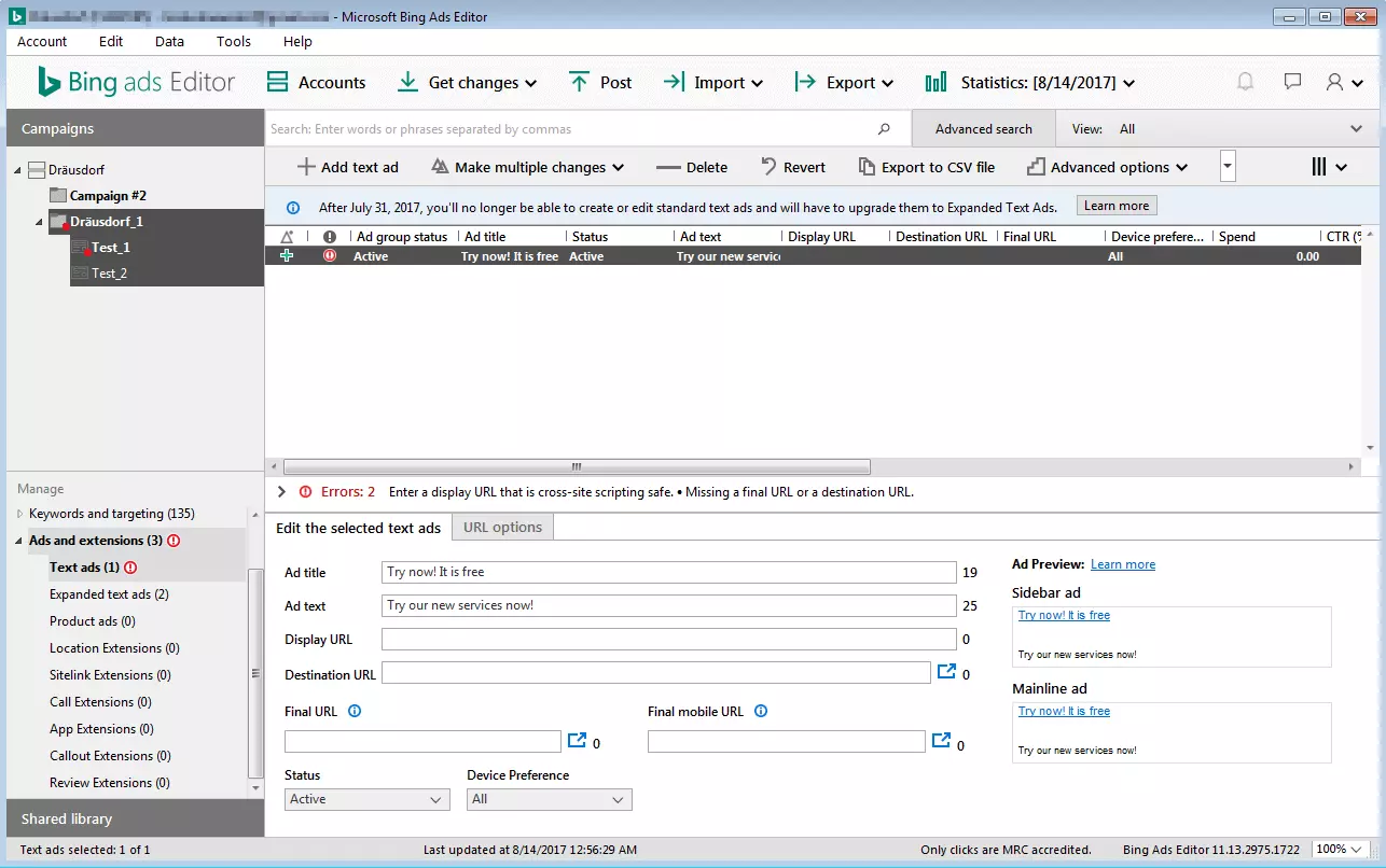 Visualizzazione di Bing Ads Editor