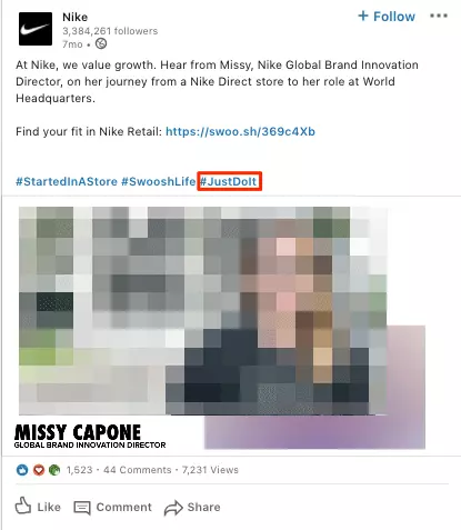 Immagine: LinkedIn: l’hashtag del brand Nike “JustDoIt”
