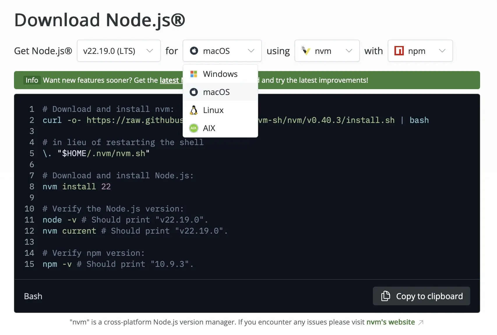 Immagine: Screenshot della homepage di Node.js