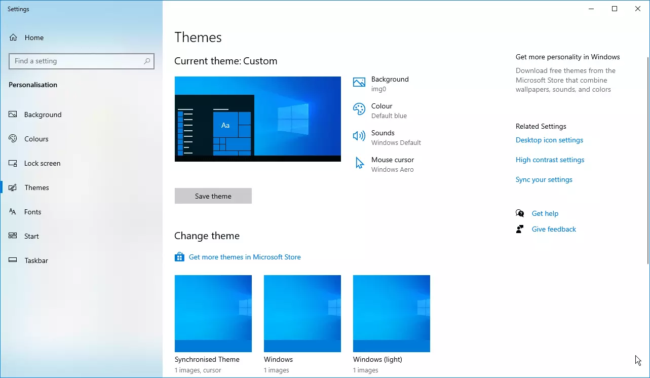 Immagine: Impostazioni di Windows 10: Personalizzazione / Temi
