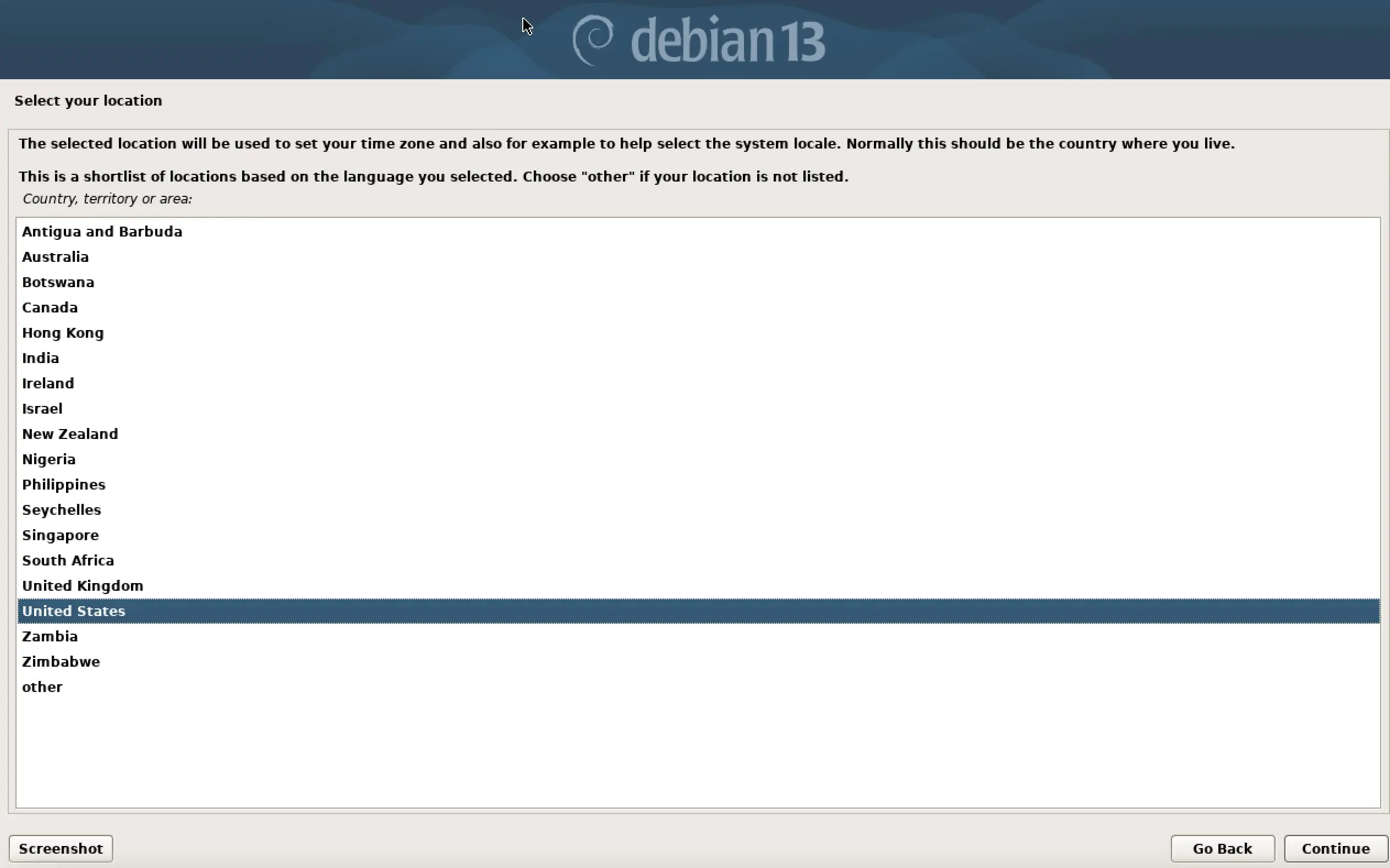Immagine: Screenshot dell&rsquo;installazione di Debian 13: scelta del paese
