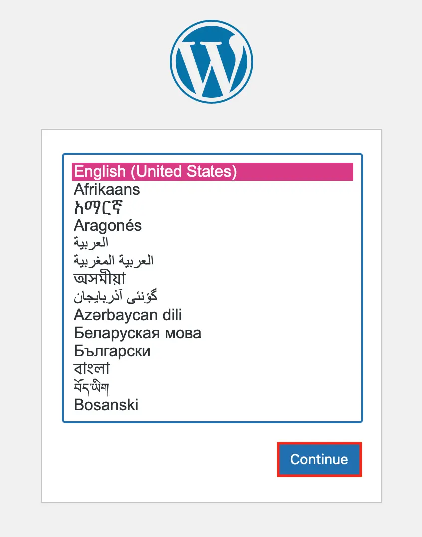 Screenshot della selezione della lingua di WordPress Immagine: Screenshot della selezione della lingua di WordPress