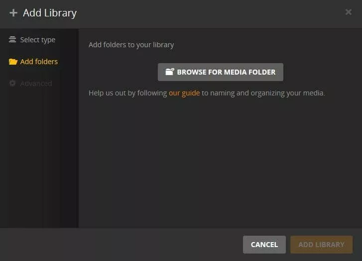 Immagine: Interfaccia web di Plex: aggiungere i file alla mediateca
