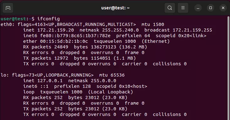 Immagine: Screenshot del comando “ifconfig” su Linux