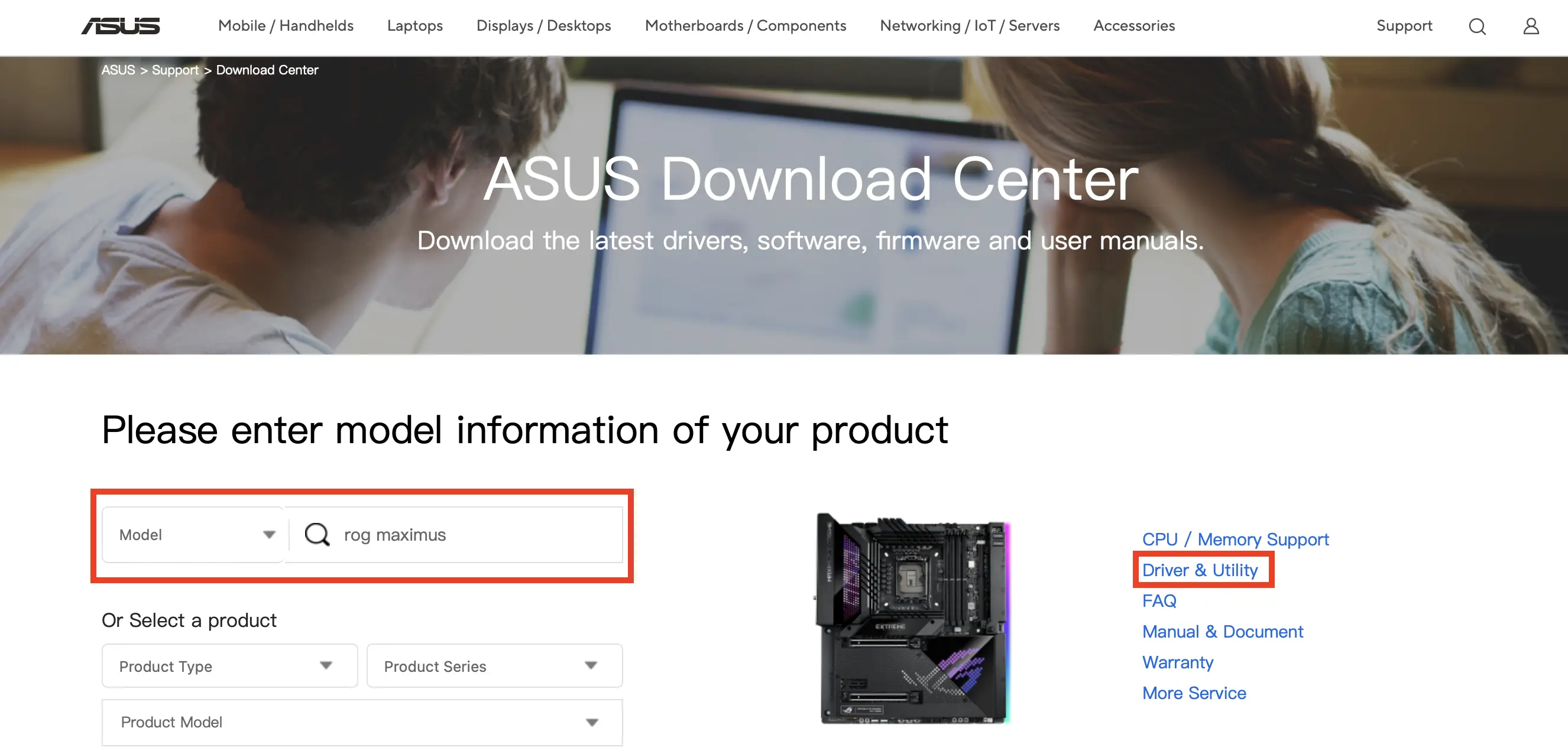 Immagine: Sito web ASUS: ricerca prodotto