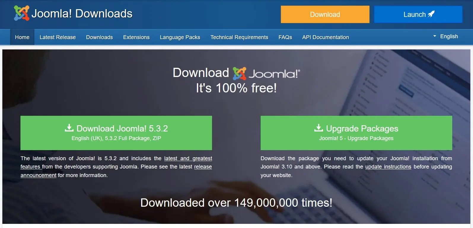 Immagine: Pagina di Joomla con il tasto per scaricare i file di installazione