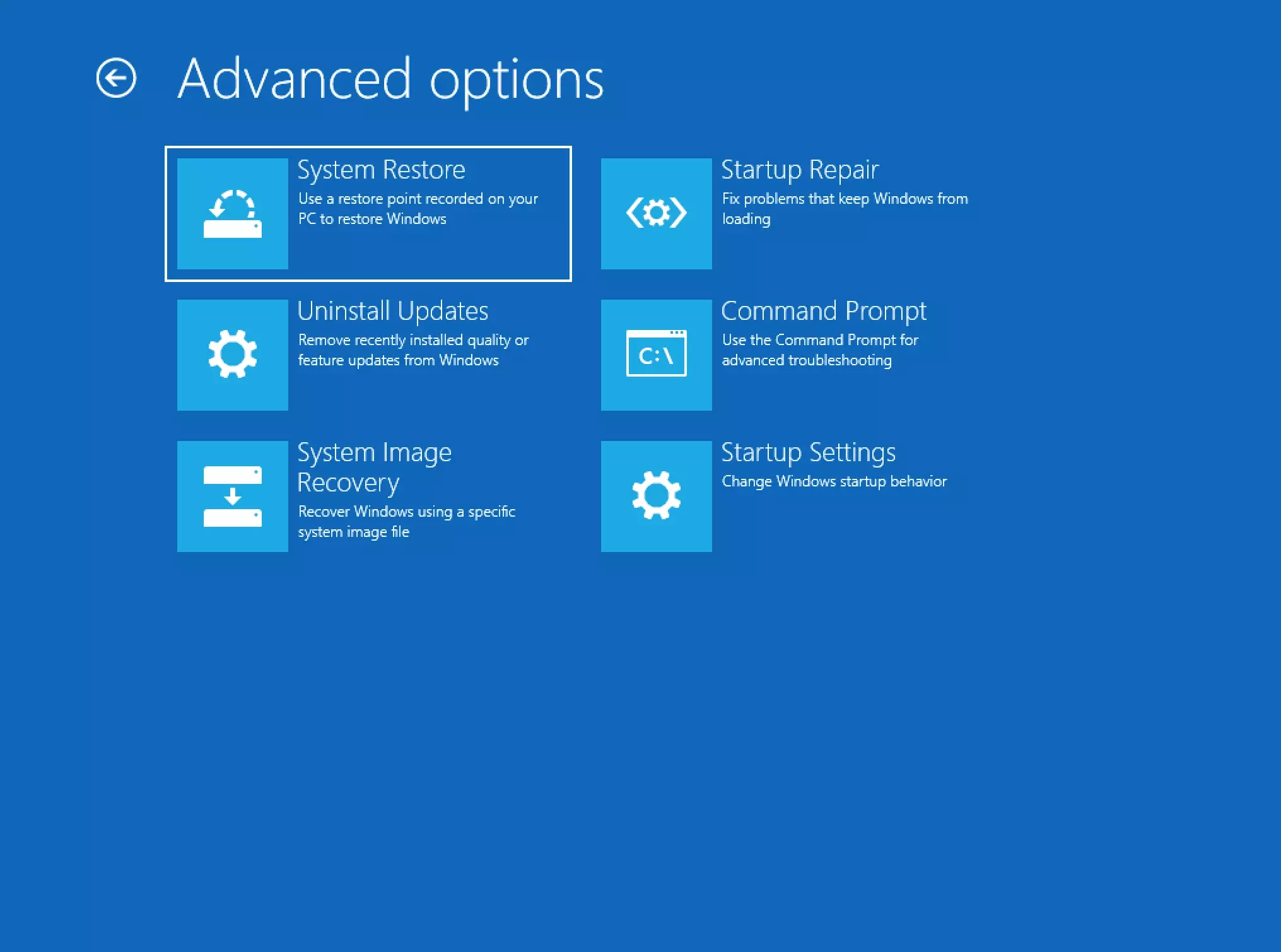 Menu delle opzioni di avvio di Windows