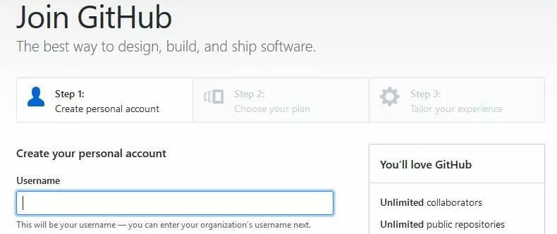 GitHub: Maschera di registrazione