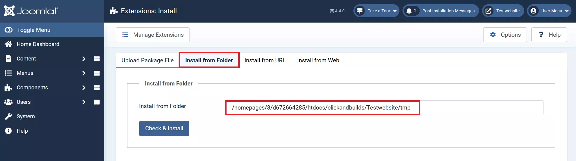 Opzione “Installa dalla directory” nel back end di Joomla Opzione “Installa dalla directory” nel back end di Joomla