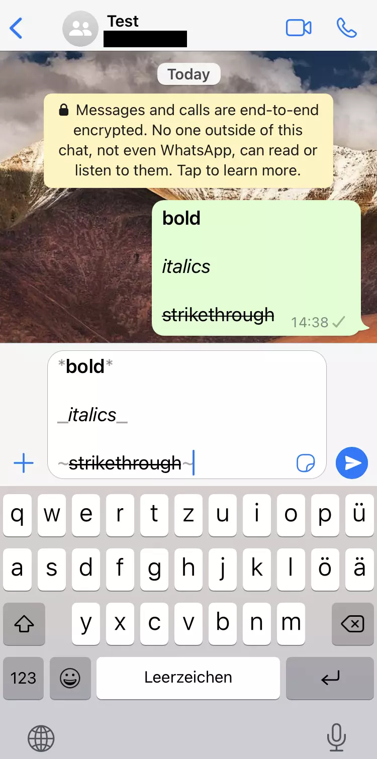 Screenshot da un iPhone delle opzioni di formattazione di WhatsApp Screenshot da un iPhone delle opzioni di formattazione di WhatsApp