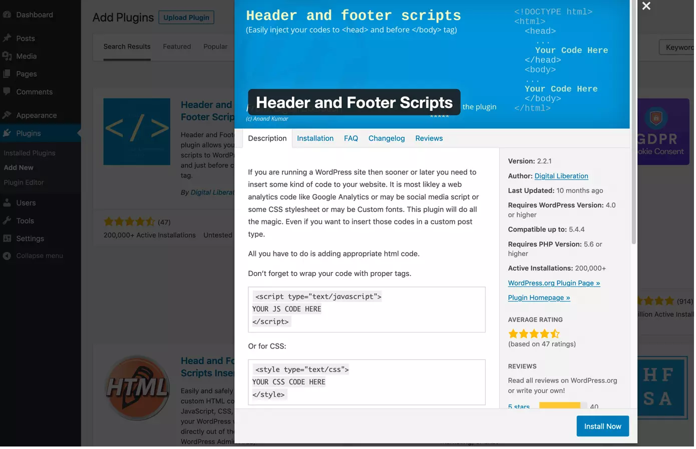 Installare il plugin “Header and Footer Scripts”