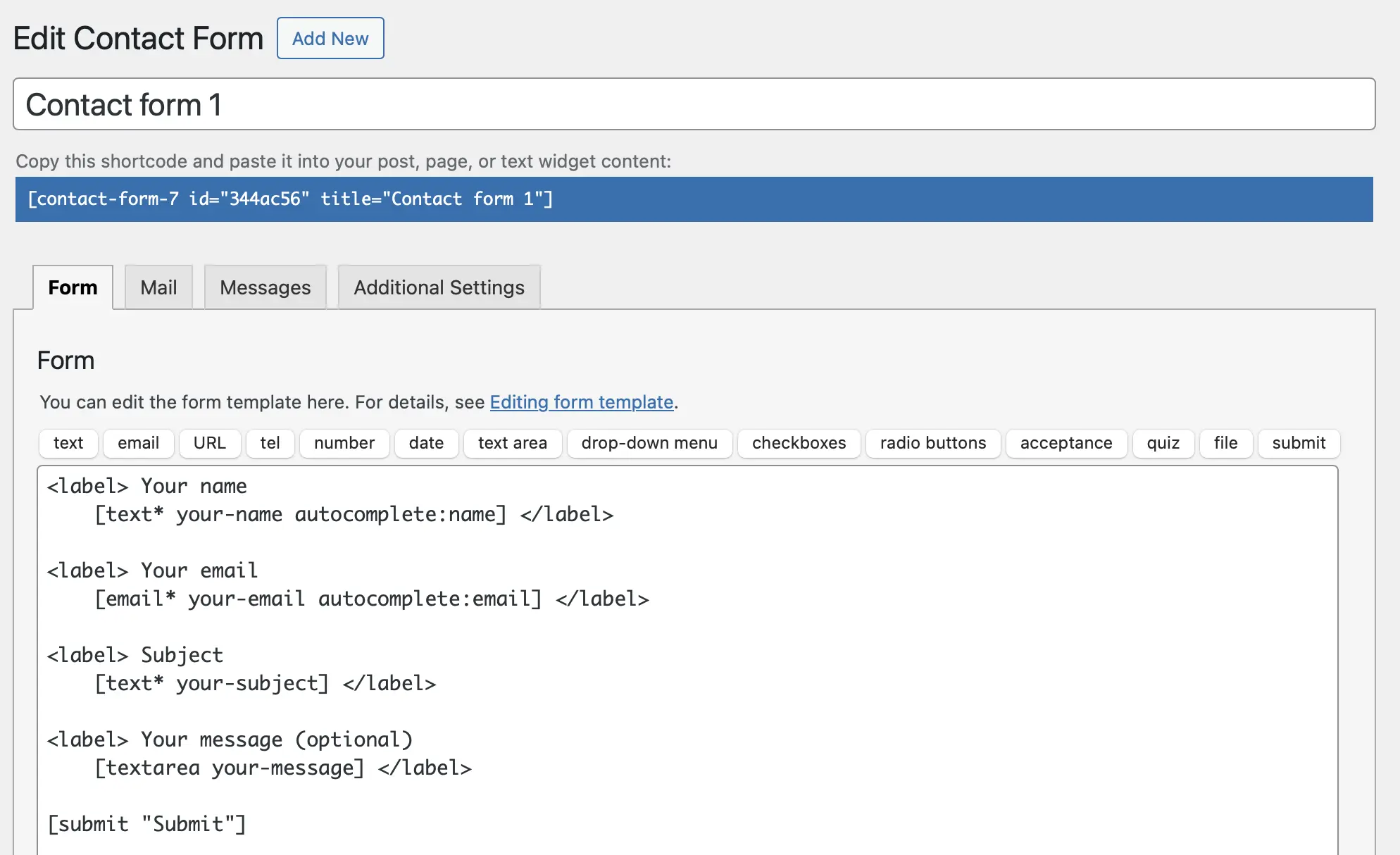 L’interfaccia del plugin WordPress Contact Form 7 Immagine: L’interfaccia del plugin WordPress Contact Form 7