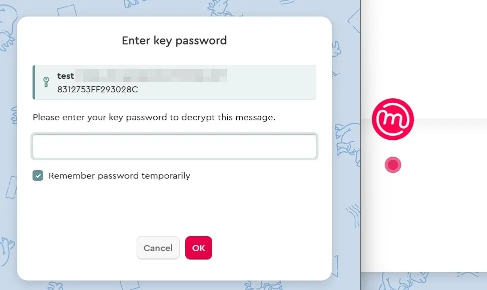 Immagine: E-mail crittografata e finestra per inserire la password della chiave criptata