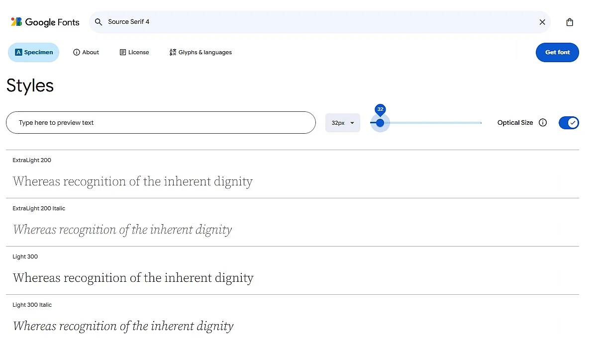 Varie versioni del web font Source Serif Pro su Google Fonts Immagine: Varie versioni del web font Source Serif Pro su Google Fonts