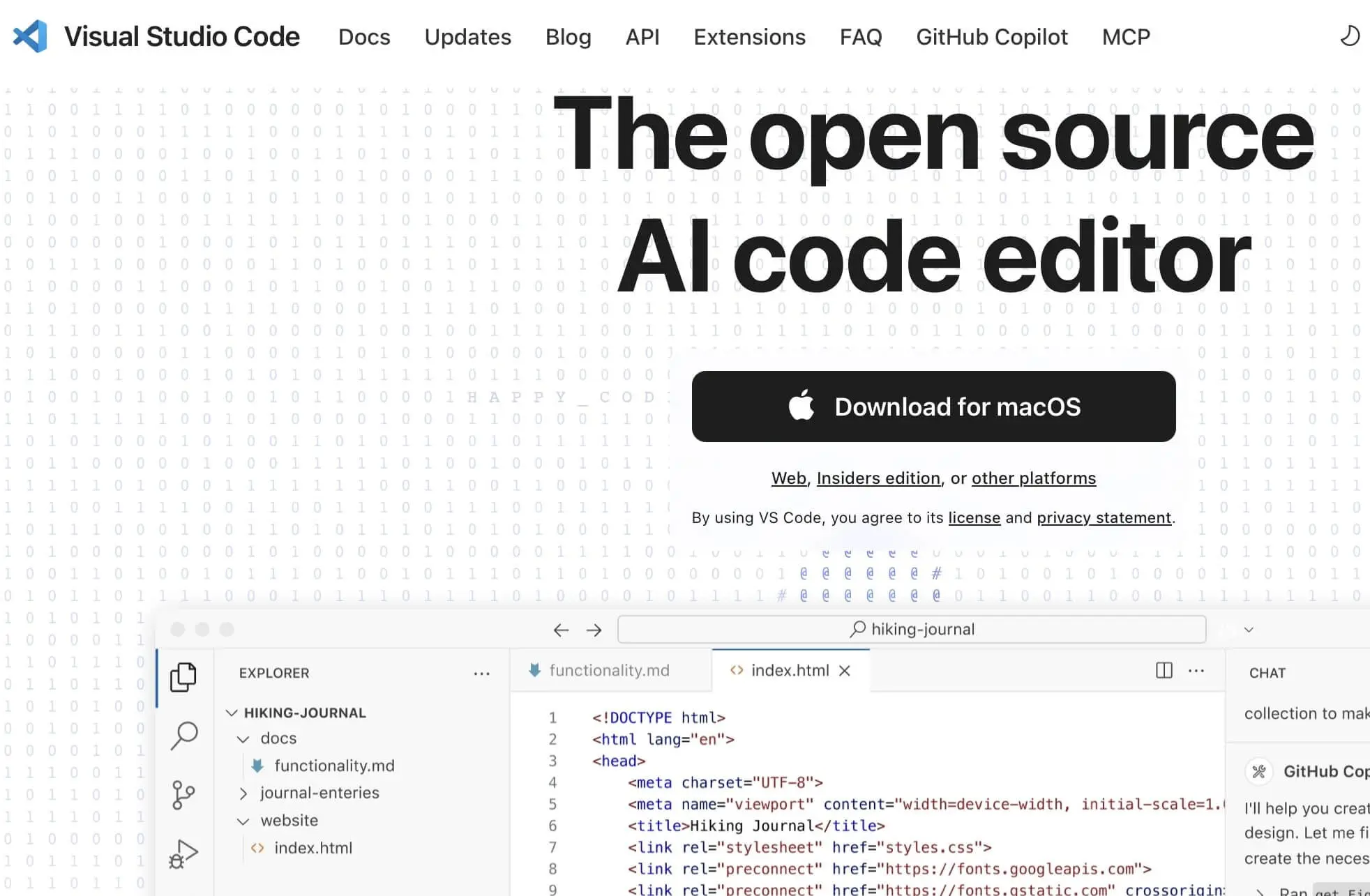 Screenshot del sito web di VS Code Immagine: Screenshot del sito web di VS Code