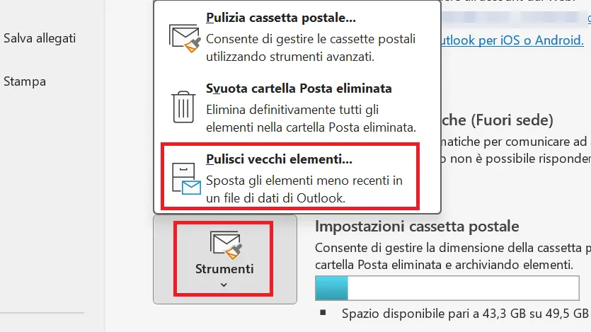 Microsoft Outlook: scheda “Informazioni”, tasto “Strumenti” Immagine: Microsoft Outlook: scheda “Informazioni”, tasto “Strumenti”