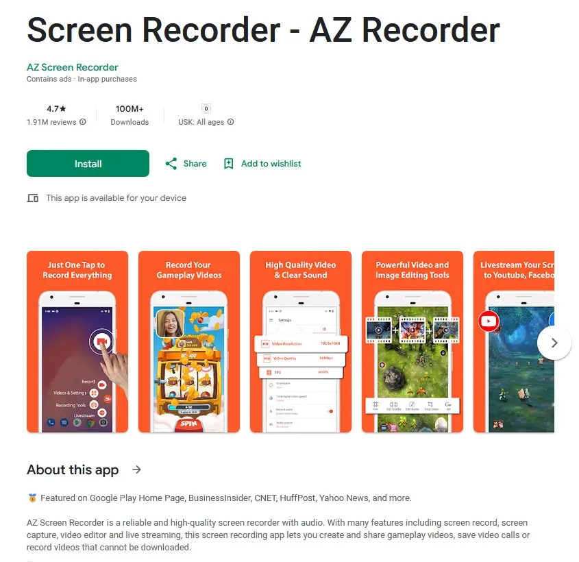 Immagine: Strumento per fare screenshot AZ Screen Recorder su Google Play Store