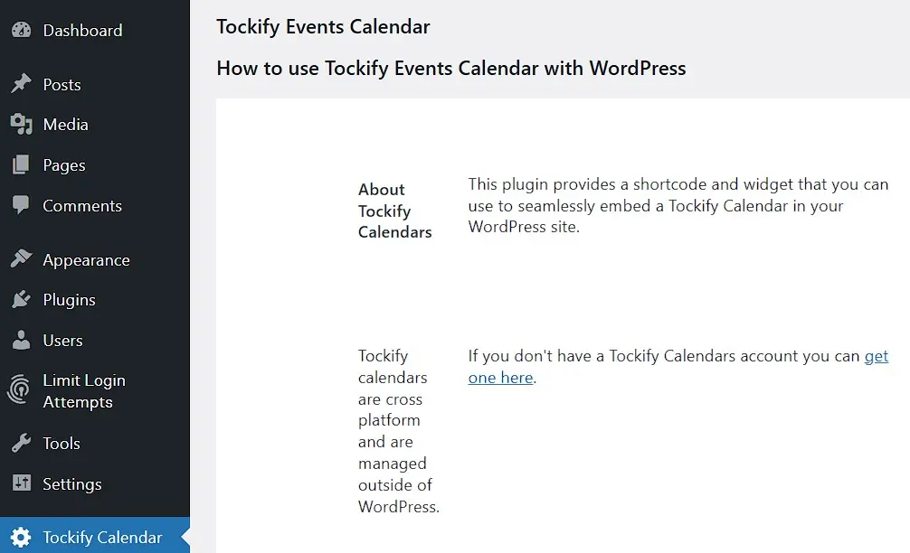 Immagine: Area di amministrazione del plugin del calendario WordPress di Tockify
