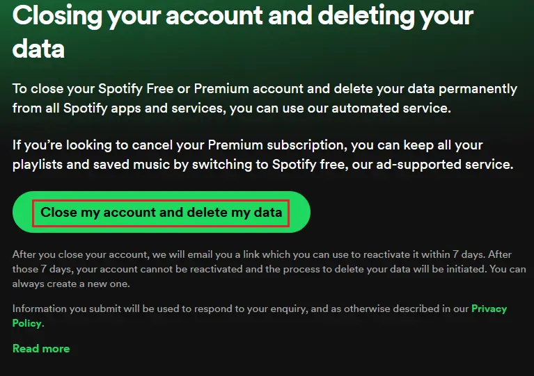 Spotify: pulsante “Chiudi l’account ed elimina i tuoi dati” Immagine: Spotify: pulsante “Chiudi l’account ed elimina i tuoi dati”