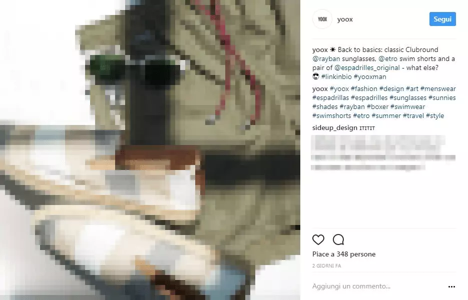 Post su Instagram del negozio online di fashion Yoox nella visualizzazione dal browser