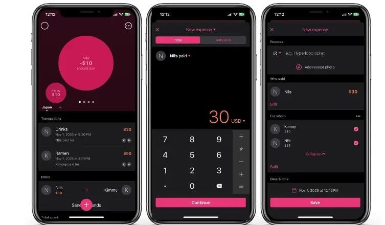 Schermate dell’app Settle Up: gruppo; partecipanti; saldo dei debiti Immagine: Schermate dell’app Settle Up: gruppo; partecipanti; saldo dei debiti