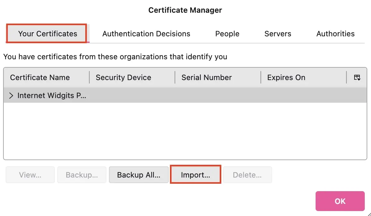 Immagine: Importare il certificato su Thunderbird