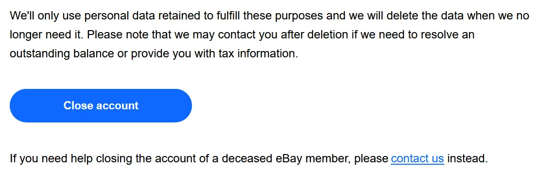 Immagine: Screenshot della pagina di aiuto eBay “Chiudere l’account”