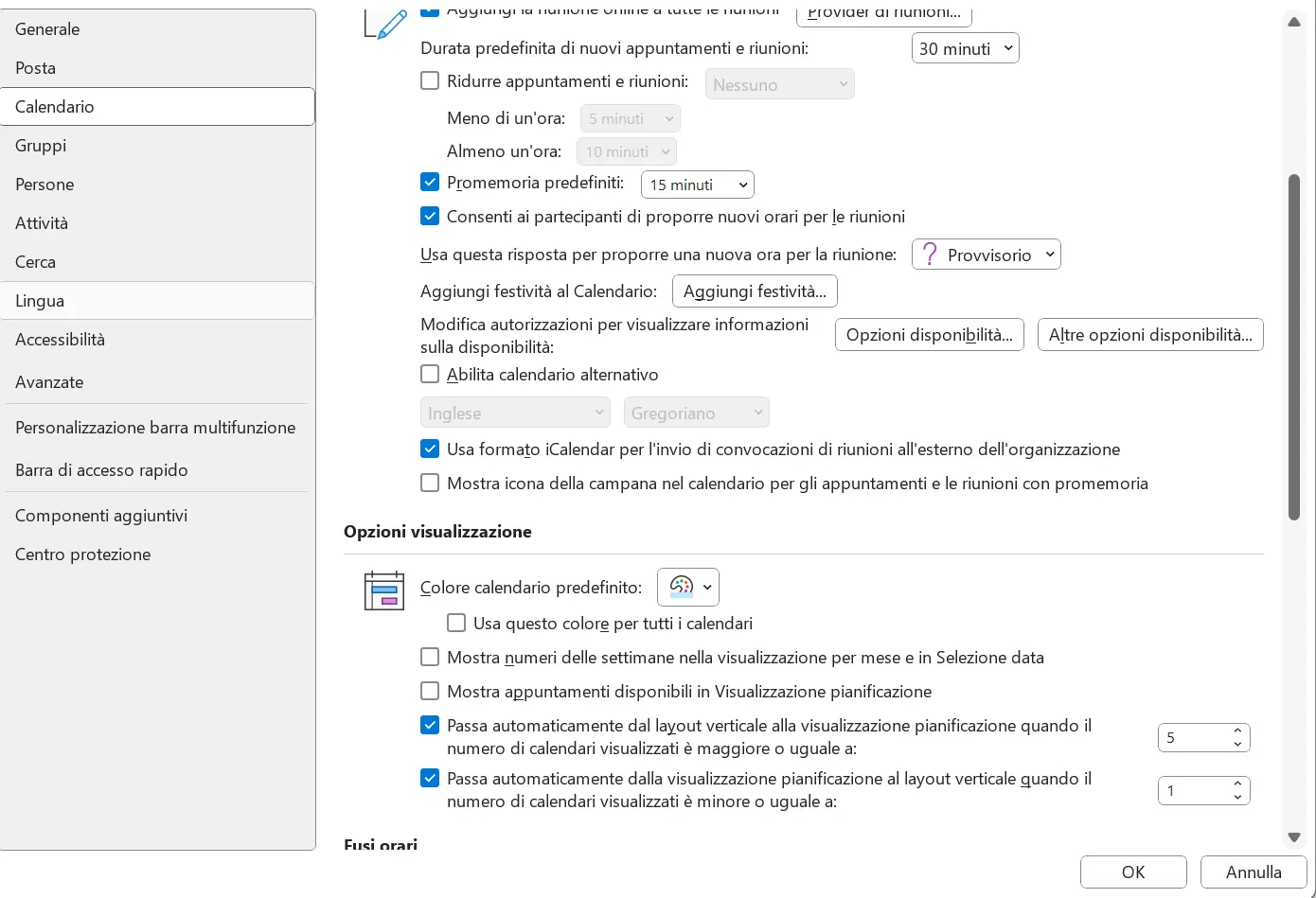 Opzioni di Outlook: impostazioni del calendario Immagine: Opzioni di Outlook: impostazioni del calendario