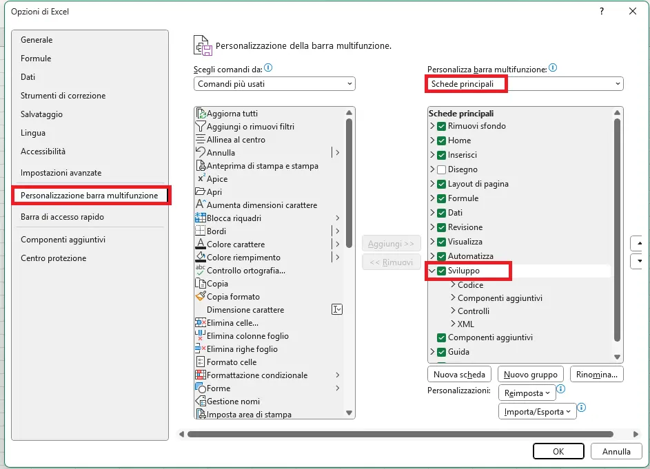 Immagine: Excel: aggiunta scheda “Sviluppo”