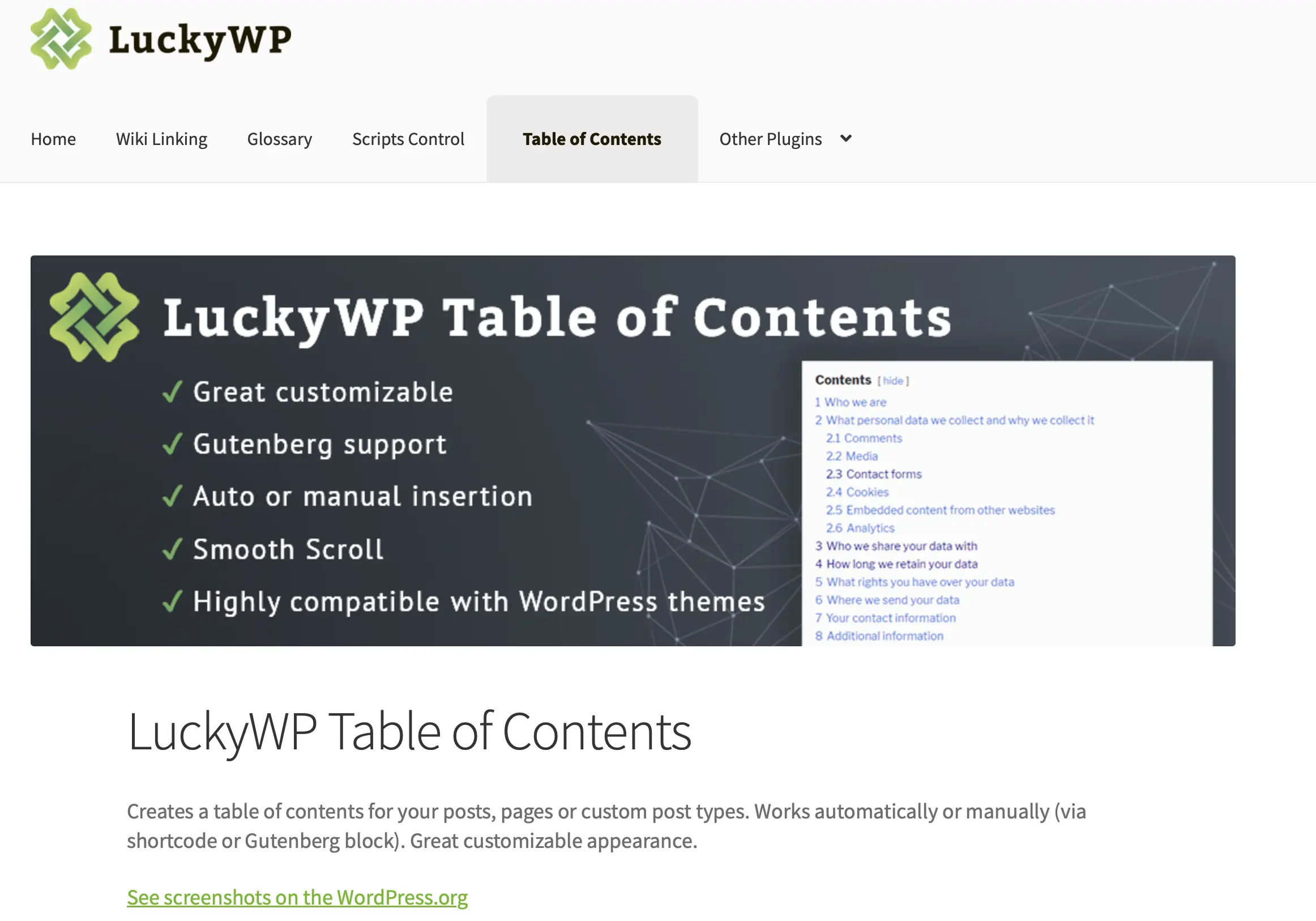 Immagine: Pagina informativa su “LuckyWP Table of Contents” sulla pagina dello sviluppatore