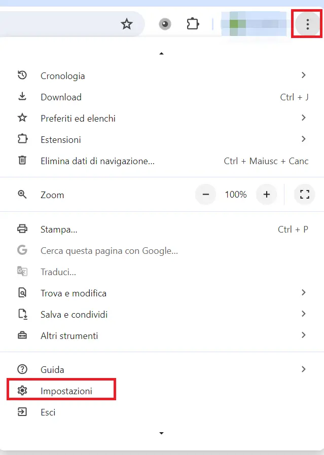 Immagine: Il menu con i tre puntini di Google Chrome