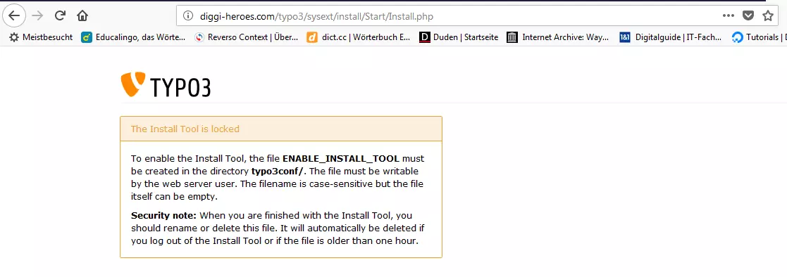 Immagine: Un messaggio di errore durante l'installazione di TYPO3 informa che l'installazione guidata non è avviabile