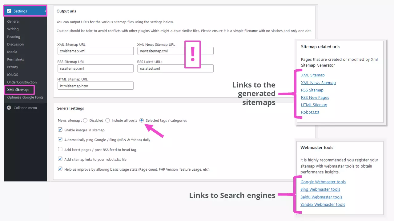 Parte superiore dell’interfaccia di amministrazione del plugin “XML Sitemap Generator for Google”