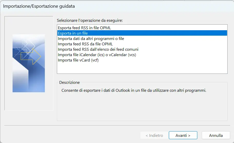 Immagine: Procedura di Outlook 365 per importare ed esportare