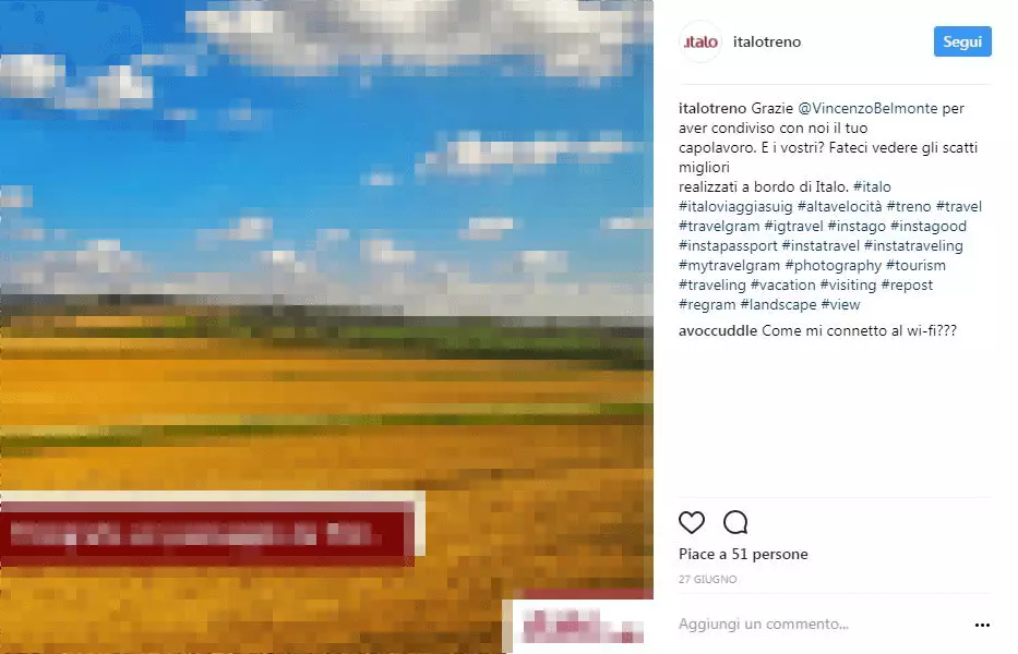 Concorso fotografico di Italo Treno sul profilo ufficiale Instagram nella visualizzazione dal browser