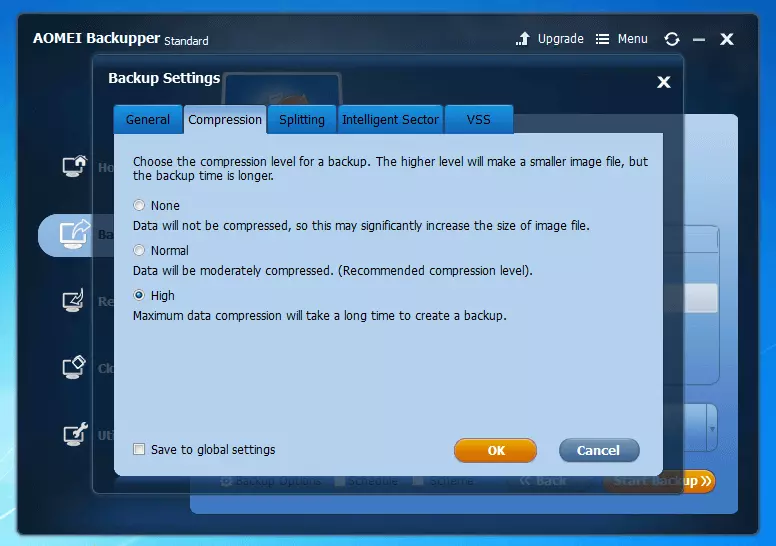 AOMEI Backupper Standard 4.0.4: scelta del livello di compressione