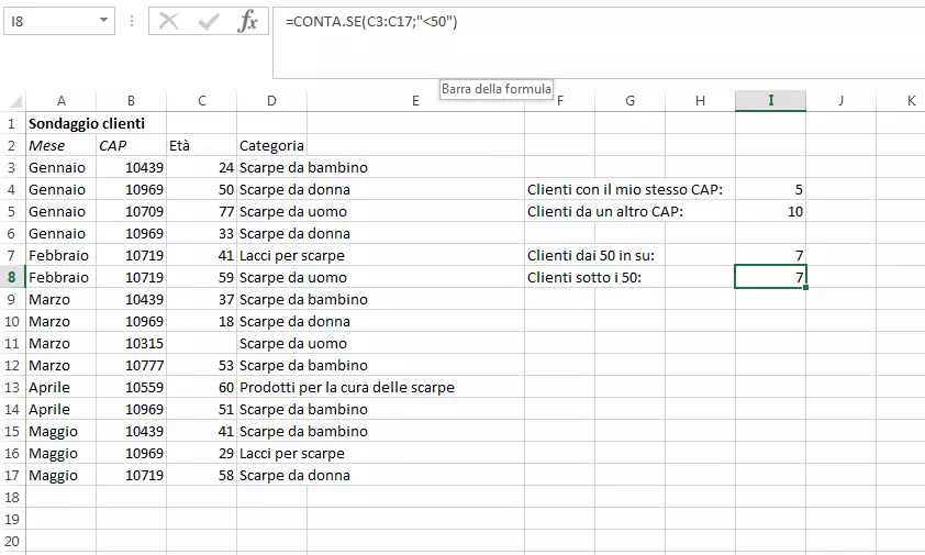 Immagine: Screenshot di una tabella Excel con simboli di maggiore e minore nella funzione CONTA.SE