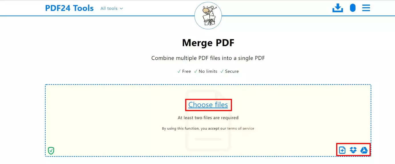 Immagine: Finestra per unire file PDF con PDF24: area upload