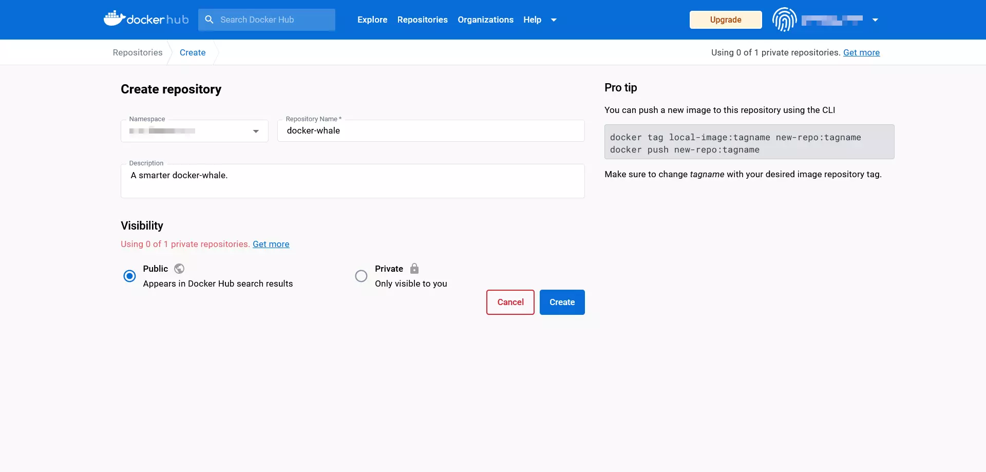La maschera di Docker Hub per la creazione di un repository La maschera di Docker Hub per la creazione di un repository