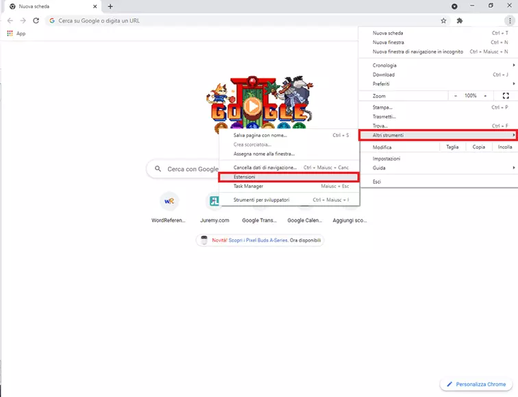 Voce di menu “Estensioni” nel menu rapido di Chrome