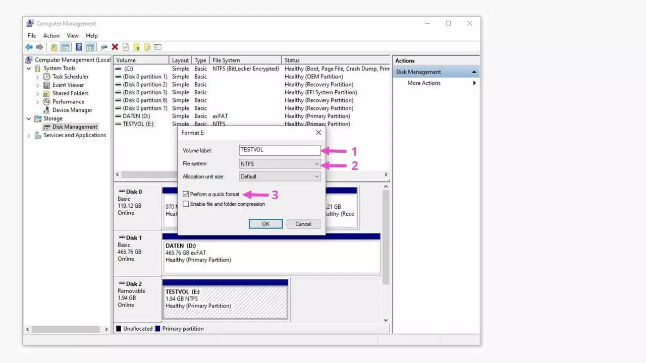 Gestione disco di Windows per creare il file system 