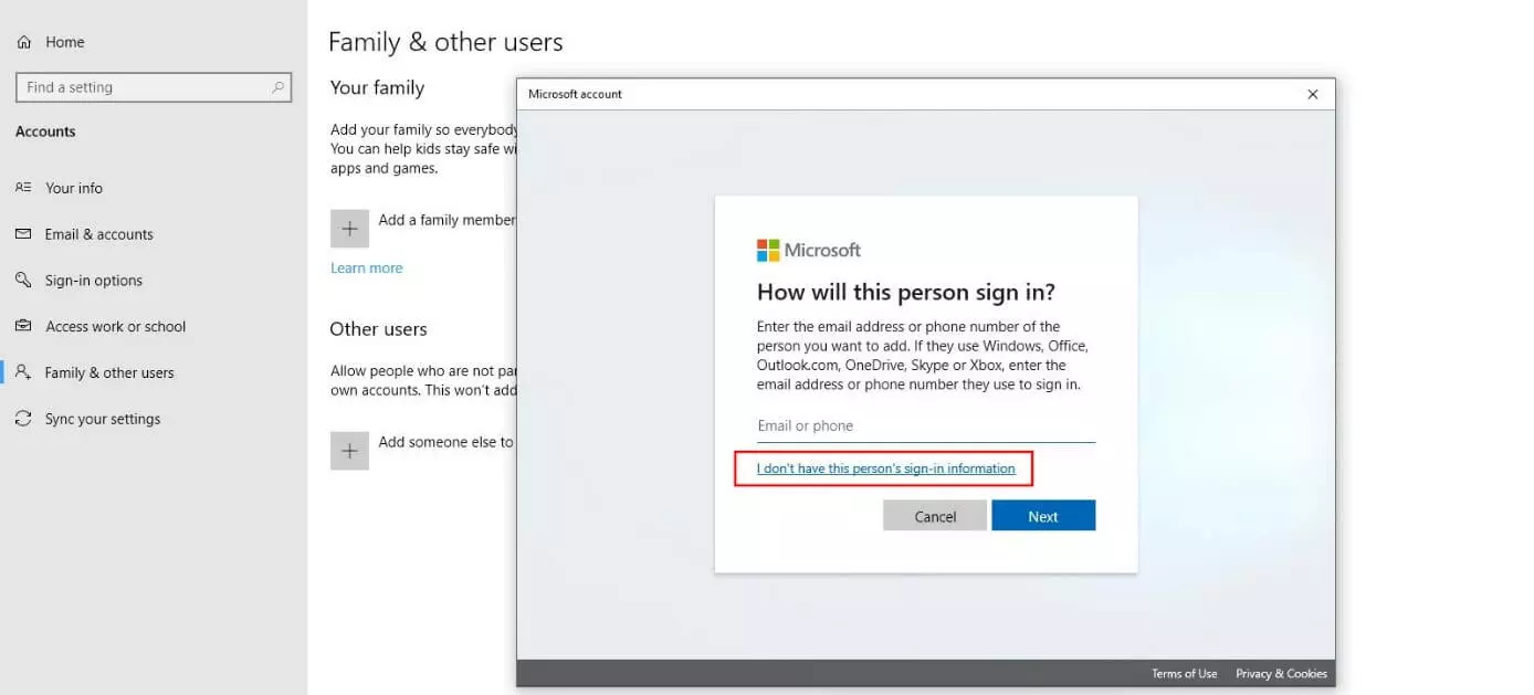 Immagine: Finestra di dialogo Microsoft “In che modo questa persona potrà eseguire l’accesso?”