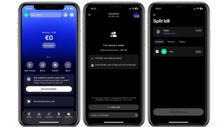 Schermate dell’app Revolut Immagine: Schermate dell’app Revolut